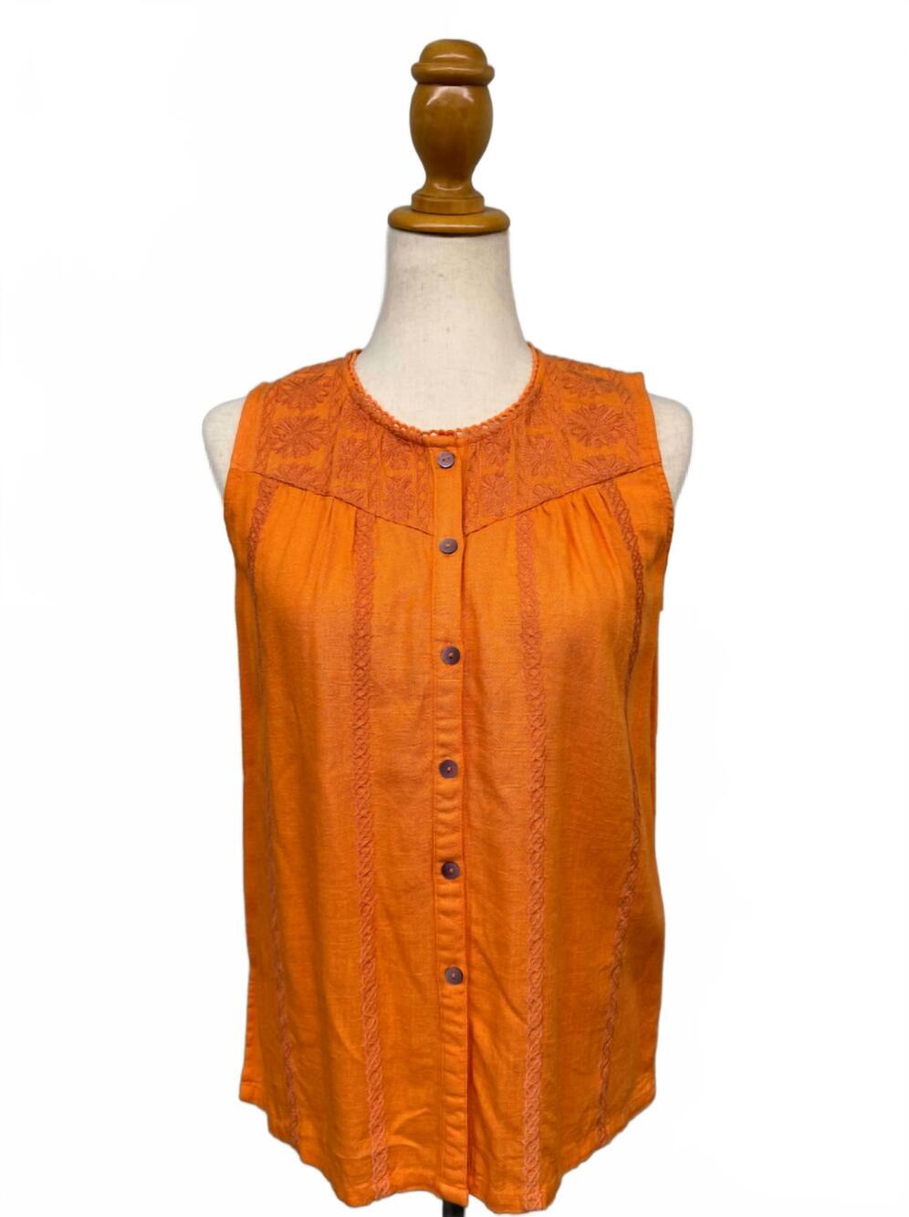 NEW PAPARAZZI women's sleeveless linen embroidered button-up blouse in tangerine